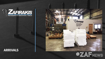 background with fasteners and a photo inside with 19 pallets in an internal warehouse, zafirakis logo and text 